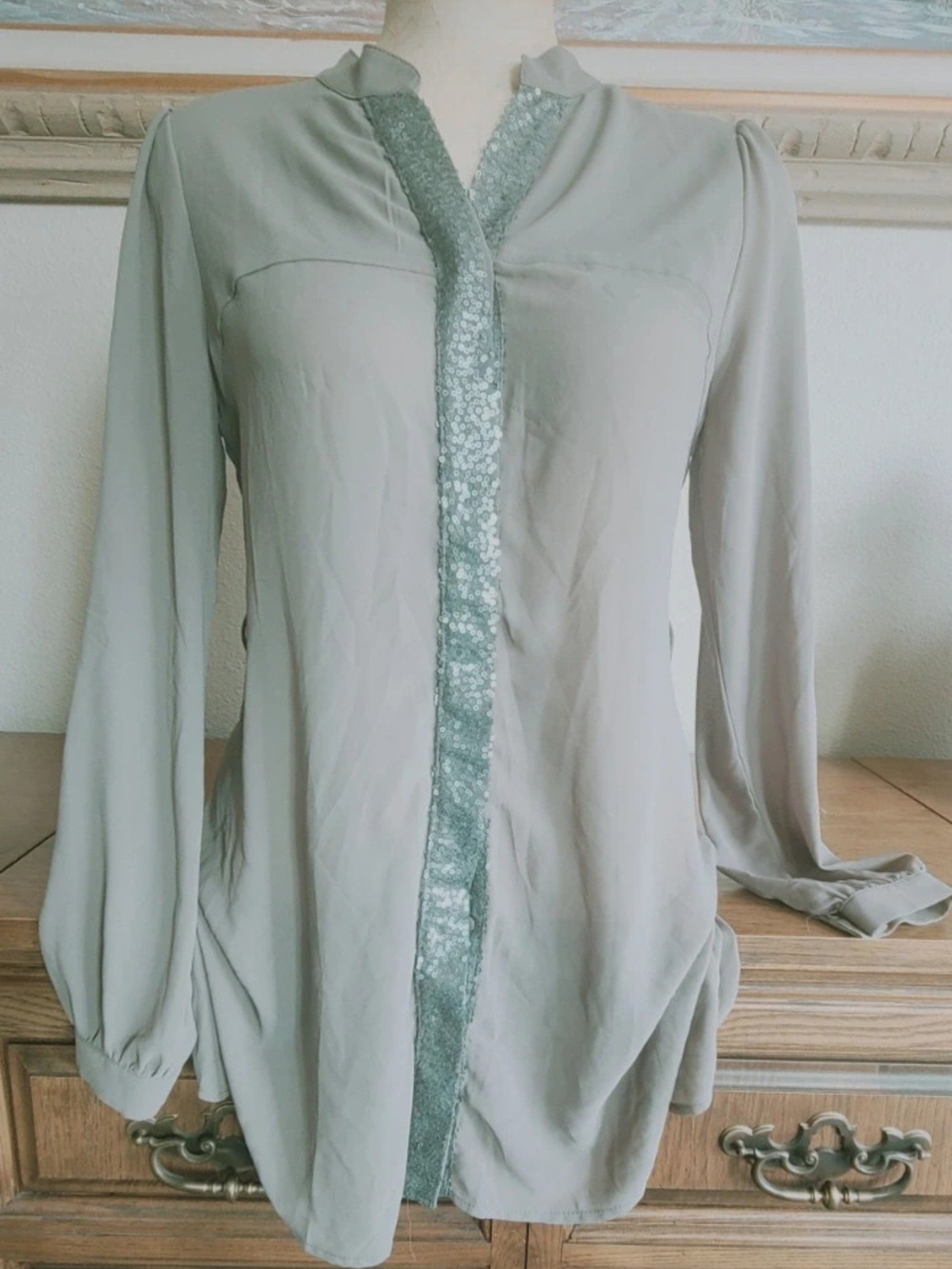 Double Zero Light Sage Sequin-Trim Long Sleeve Tunic